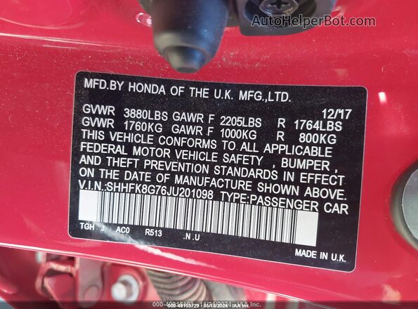 SHHFK8G76JU201098 2018 HONDA CIVIC Red Vista del compartimento del motor
