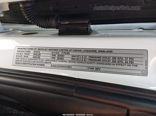 SJAAC2ZV0HC012621 2017 BENTLEY BENTAYGA Белый Вид подкапотного пространства
