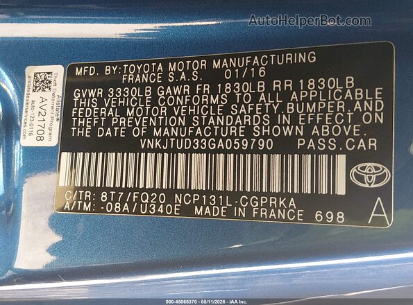 VNKJTUD33GA059790 2016 TOYOTA YARIS Синий Вид подкапотного пространства