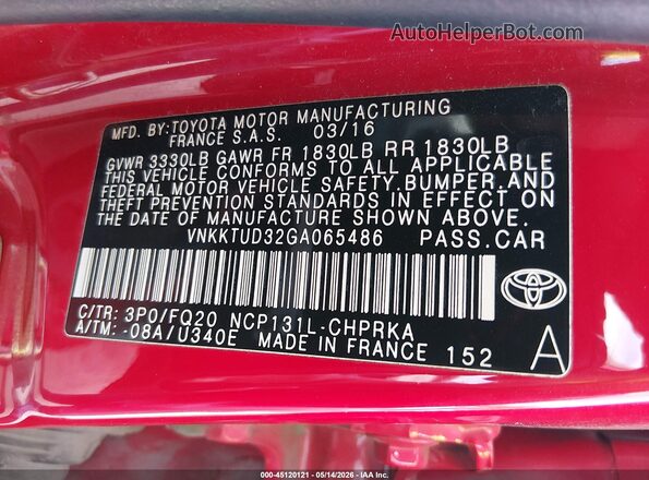 VNKKTUD32GA065486 2016 TOYOTA YARIS Red Engine compartment view