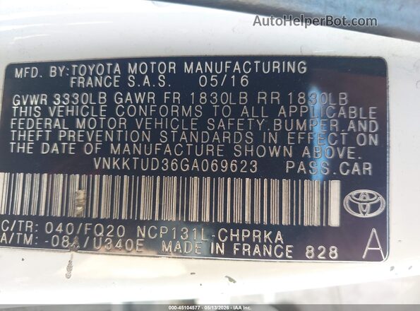 VNKKTUD36GA069623 2016 TOYOTA YARIS White Engine compartment view