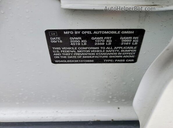 W04GL6SX3K1010886 2019 BUICK REGAL White Շարժիչի բաժամունքի տեսք