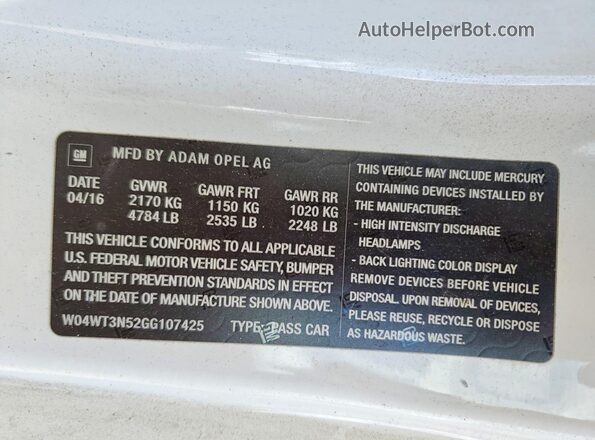 W04WT3N52GG107425 2016 BUICK CASCADA White VIN sticker view