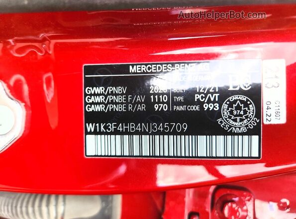 W1K3F4HB4NJ345709 2022 MERCEDES-BENZ A Red VIN კოდის სტიკერის ხედი