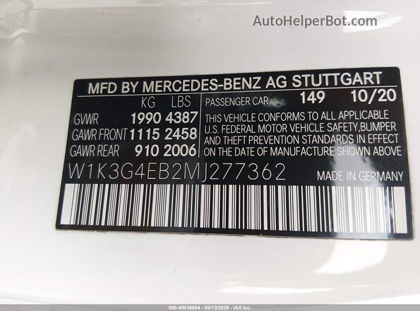 W1K3G4EB2MJ277362 2021 MERCEDES-BENZ A 220 Белый Вид подкапотного пространства