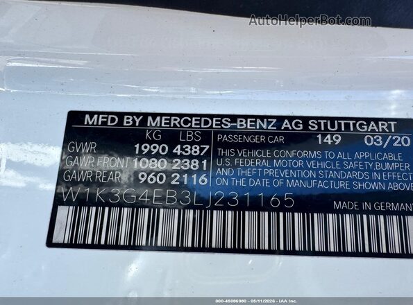 W1K3G4EB3LJ231165 2020 MERCEDES-BENZ A White 