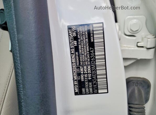 W1K3G4EB3MJ263647 2021 MERCEDES-BENZ A White 