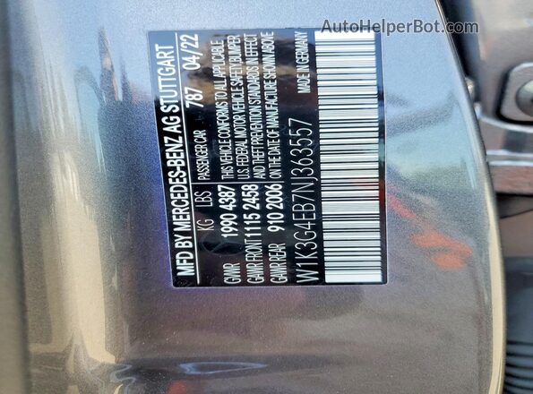 W1K3G4EB7NJ363557 2022 MERCEDES-BENZ A Gray Vista de la etiqueta del VIN