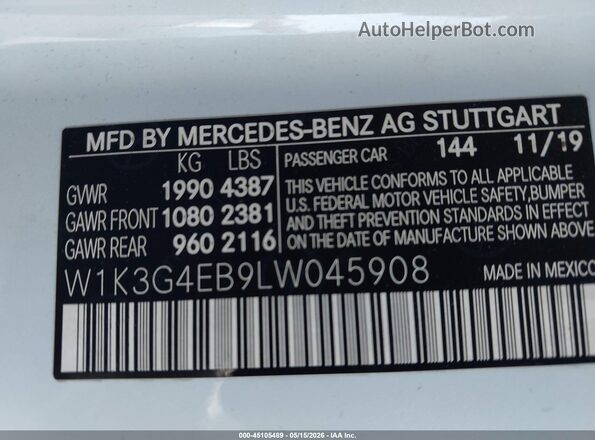 W1K3G4EB9LW045908 2020 MERCEDES-BENZ A 220 White 