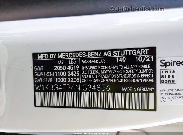 W1K3G4FB6NJ334856 2022 MERCEDES-BENZ A 220 White Շարժիչի բաժամունքի տեսք