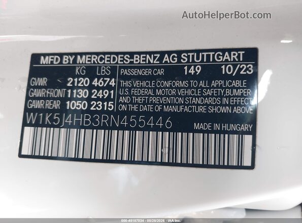 W1K5J4HB3RN455446 2024 MERCEDES-BENZ CLA-CLASS White Вид підкапотного простору