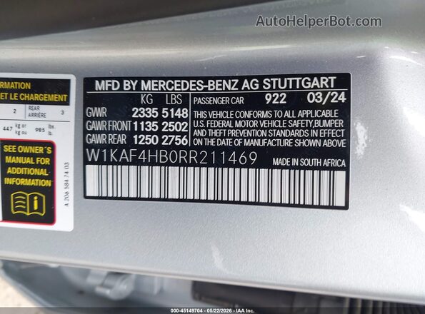 W1KAF4HB0RR211469 2024 MERCEDES-BENZ C-CLASS Silver Widok komory silnika