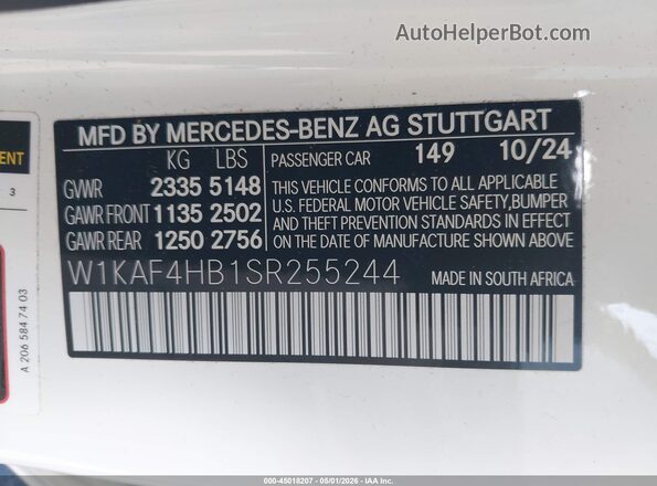 W1KAF4HB1SR255244 2025 MERCEDES-BENZ C-CLASS White ძრავის განყოფილების ხედი