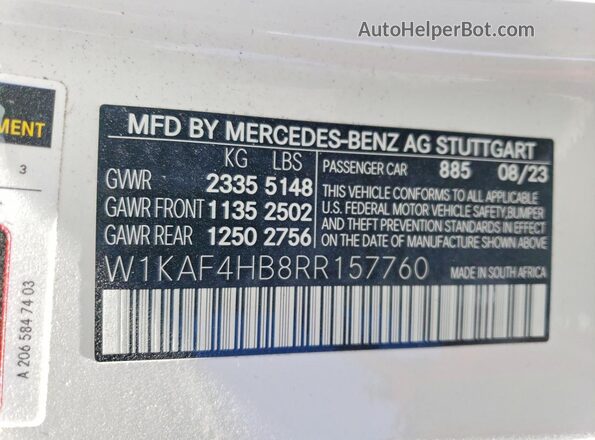 W1KAF4HB8RR157760 2024 MERCEDES-BENZ C White Widok naklejki z numerem VIN