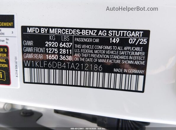 W1KLF6DB4TA212186 2026 MERCEDES-BENZ AMG White Вид підкапотного простору