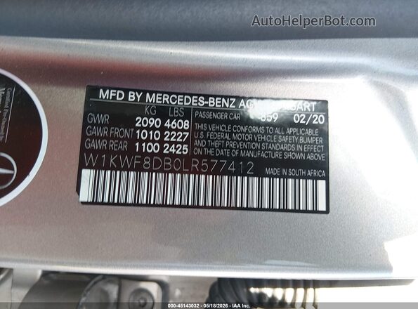 W1KWF8DB0LR577412 2020 MERCEDES-BENZ C-CLASS Gray 