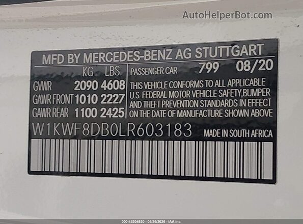 W1KWF8DB0LR603183 2020 MERCEDES-BENZ C-CLASS White ძრავის განყოფილების ხედი