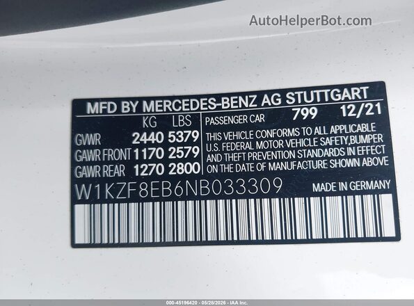 W1KZF8EB6NB033309 2022 MERCEDES-BENZ E-CLASS White Вид підкапотного простору