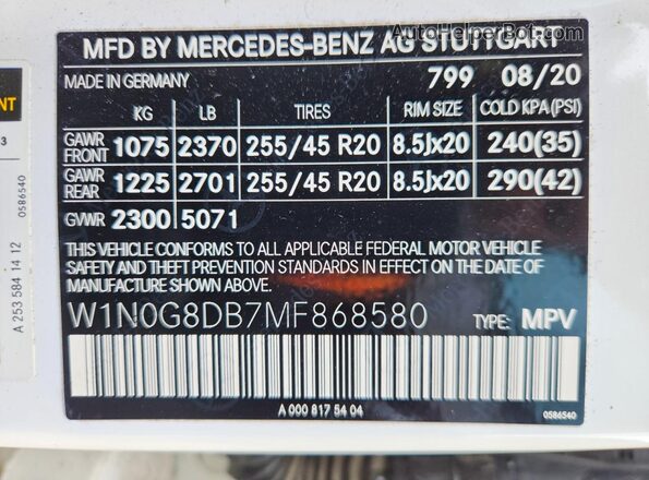 W1N0G8DB7MF868580 2021 MERCEDES-BENZ GLC-CLASS White 