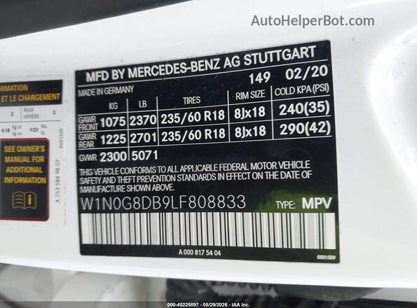 W1N0G8DB9LF808833 2020 MERCEDES-BENZ GLC 300 White Вид підкапотного простору