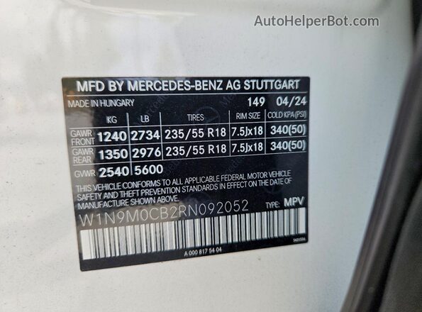 W1N9M0CB2RN092052 2024 MERCEDES-BENZ EQB Белый Вид наклейки с VIN-кодом