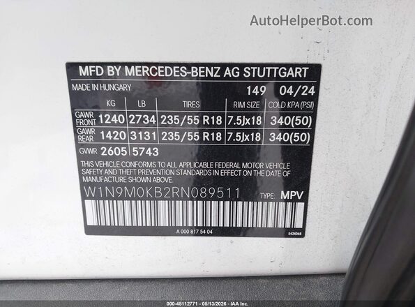 W1N9M0KB2RN089511 2024 MERCEDES-BENZ EQB 300 SUV White ძრავის განყოფილების ხედი