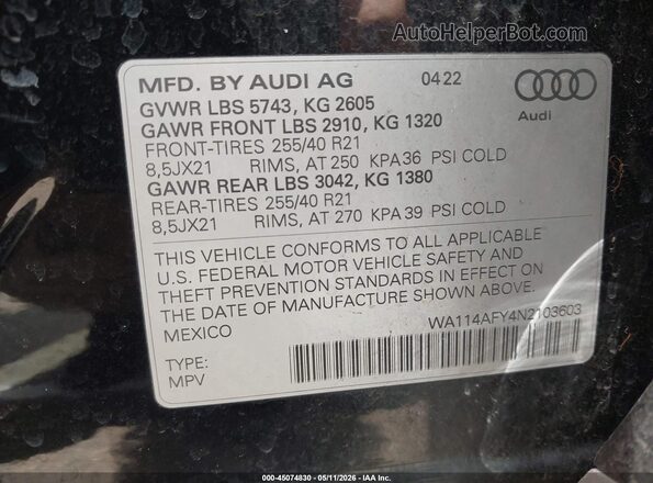 WA114AFY4N2103603 2022 AUDI SQ5 Black Widok komory silnika