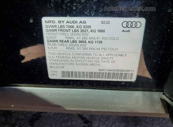 WA11AAGE5NB026513 2022 AUDI E-TRON Black Vista de la etiqueta del VIN