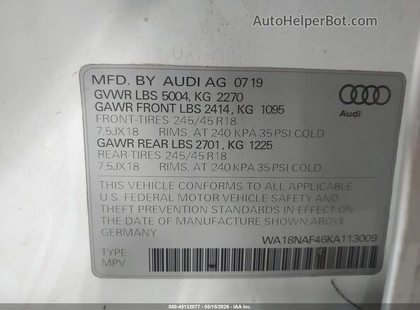 WA18NAF46KA113009 2019 AUDI OTHER White 