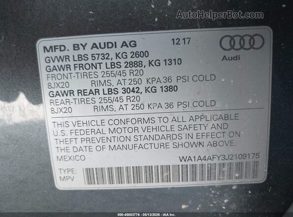 WA1A4AFY3J2109175 2018 AUDI SQ5 Gray Вид підкапотного простору