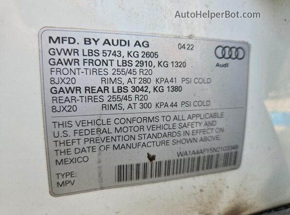 WA1A4AFY5N2103349 2022 AUDI SQ5 White VIN sticker view
