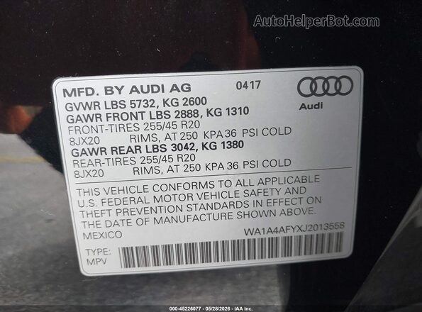 WA1A4AFYXJ2013558 2018 AUDI SQ5 Black ძრავის განყოფილების ხედი