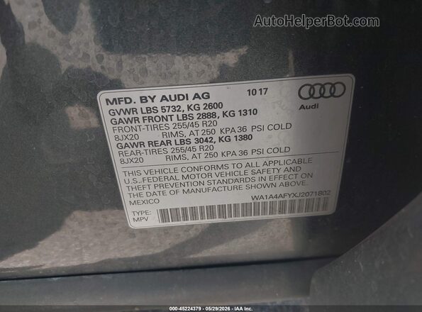 WA1A4AFYXJ2071802 2018 AUDI SQ5 Gray Engine compartment view