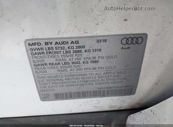 WA1A4AFYXJ2156932 2018 AUDI SQ5 White ძრავის განყოფილების ხედი