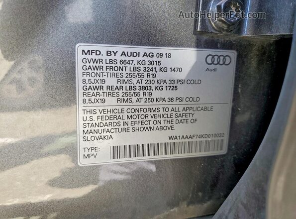 WA1AAAF74KD010032 2019 AUDI Q7 Gray Vista interior de 360 grados