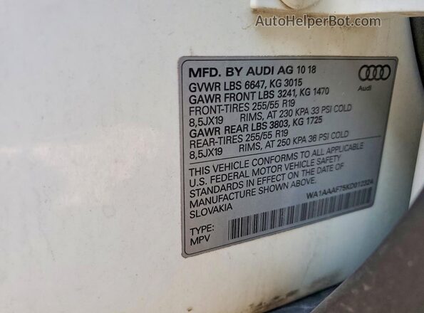 WA1AAAF75KD012324 2019 AUDI Q7 White Вид наклейки з VIN-кодом