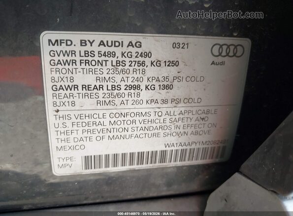 WA1AAAFY1M2082491 2021 AUDI Q5 Black Vista del compartimento del motor