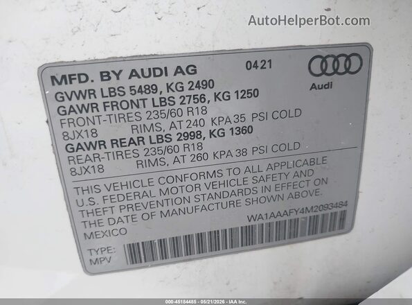 WA1AAAFY4M2093484 2021 AUDI Q5 White Engine compartment view