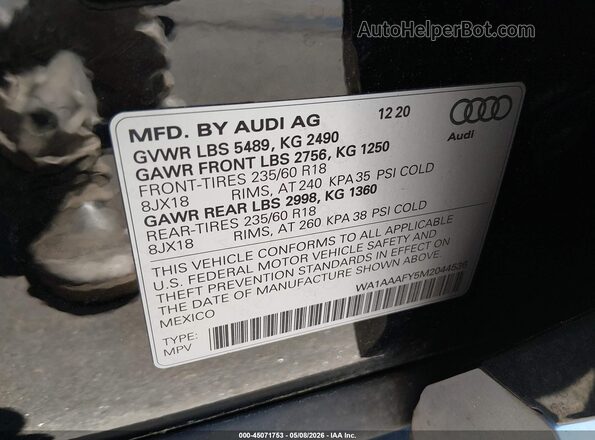 WA1AAAFY5M2044536 2021 AUDI Q5 Black Շարժիչի բաժամունքի տեսք