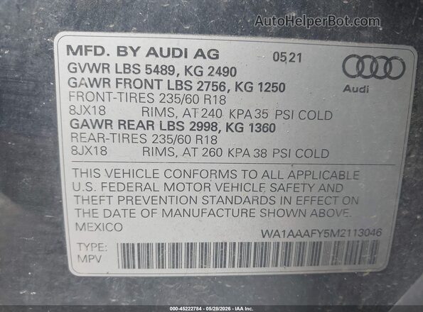 WA1AAAFY5M2113046 2021 AUDI Q5 Gray Շարժիչի բաժամունքի տեսք