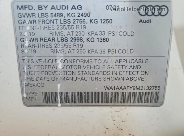 WA1AAAFY8M2132755 2021 AUDI Q5 White 