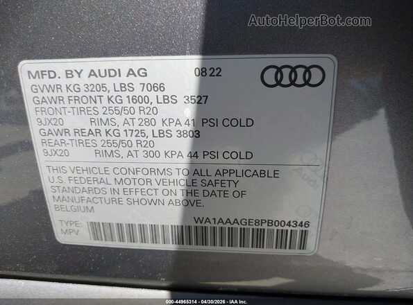 WA1AAAGE8PB004346 2023 AUDI E-TRON Gray Engine compartment view