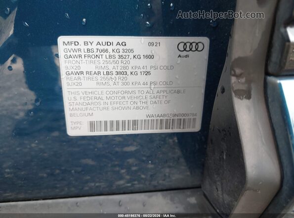 WA1AABGE9NB009784 2022 AUDI E-TRON Turquoise Շարժիչի բաժամունքի տեսք