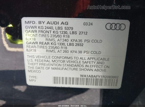 WA1ABAFY1R2083662 2024 AUDI Q5 Black Вид підкапотного простору