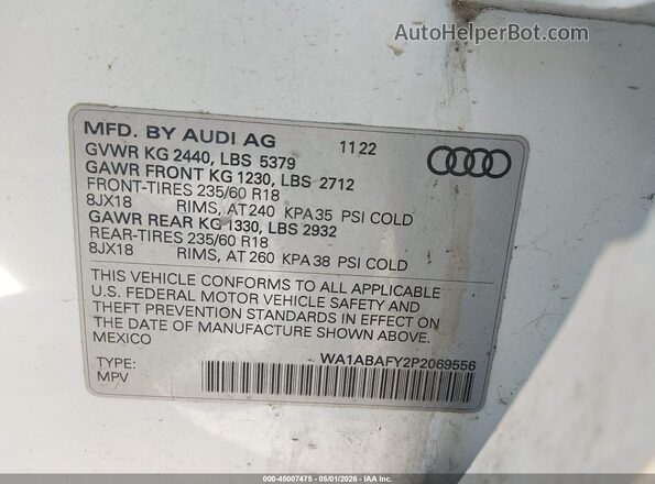 WA1ABAFY2P2069556 2023 AUDI Q5 White Вид підкапотного простору