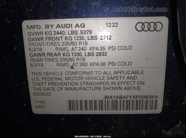 WA1ABAFYXP2080904 2023 AUDI Q5 Blue Շարժիչի բաժամունքի տեսք