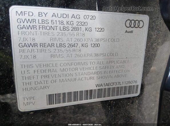 WA1AECF37L1125076 2020 AUDI Q3 Black ძრავის განყოფილების ხედი
