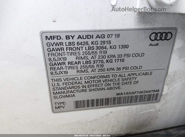WA1AHAF74KD047948 2019 AUDI Q7 Белый Вид подкапотного пространства