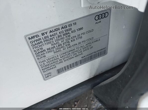 WA1AHAF79JD036281 2018 AUDI Q7 White Вид наклейки з VIN-кодом