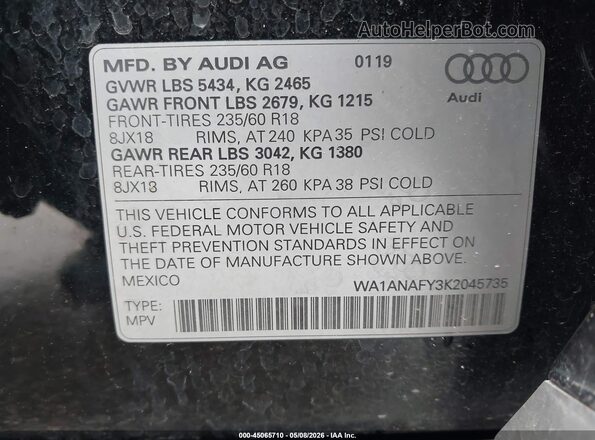 WA1ANAFY3K2045735 2019 AUDI Q5 Black 